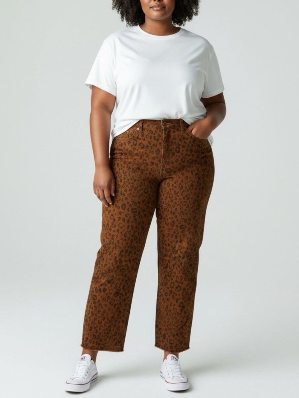 Universal Thread Pants Women’s 14 Brown Leopard High Rise Straight Ankle Raw Hem